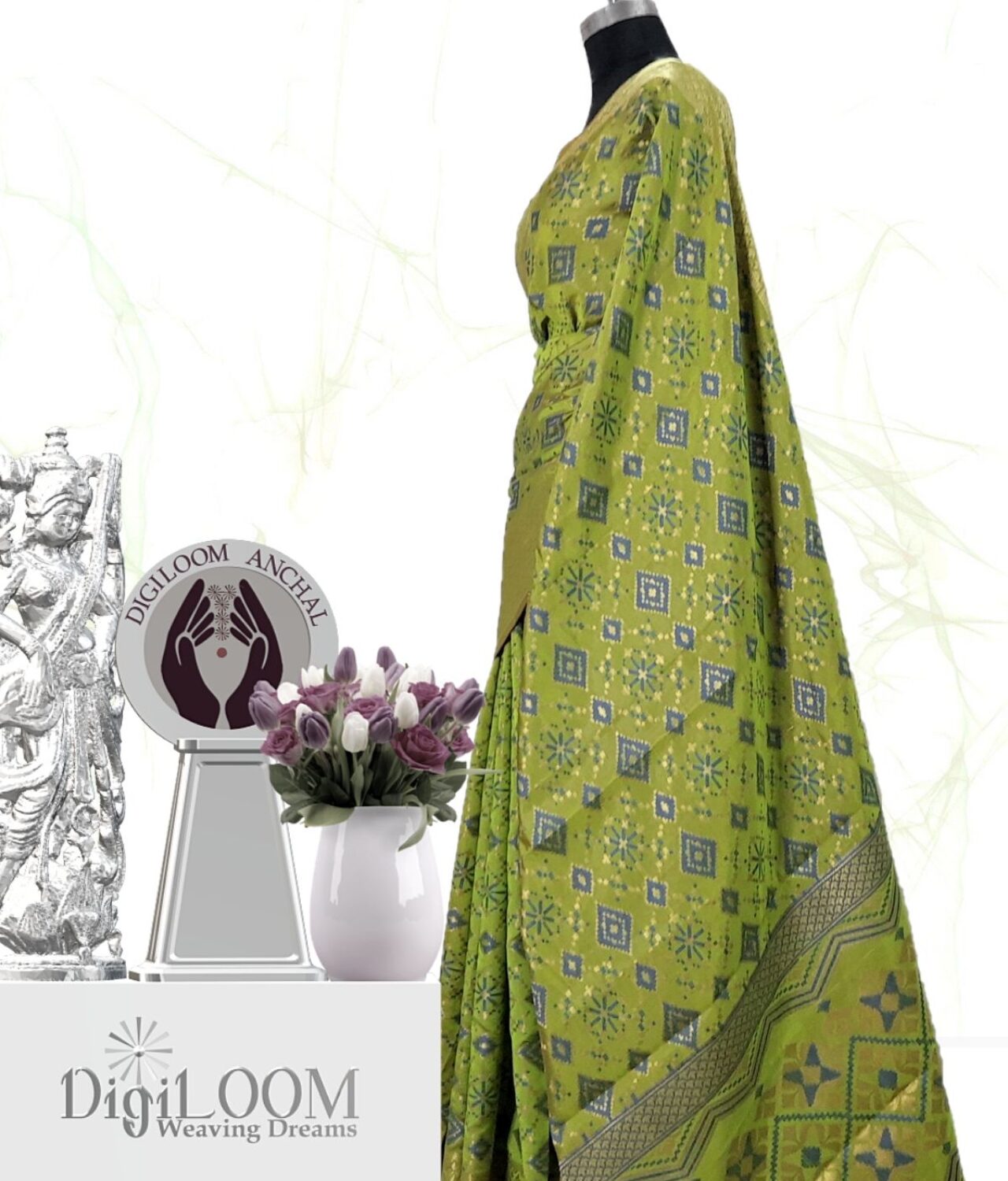 Classic Handloom Patola Silk Saree in Lime Green 3