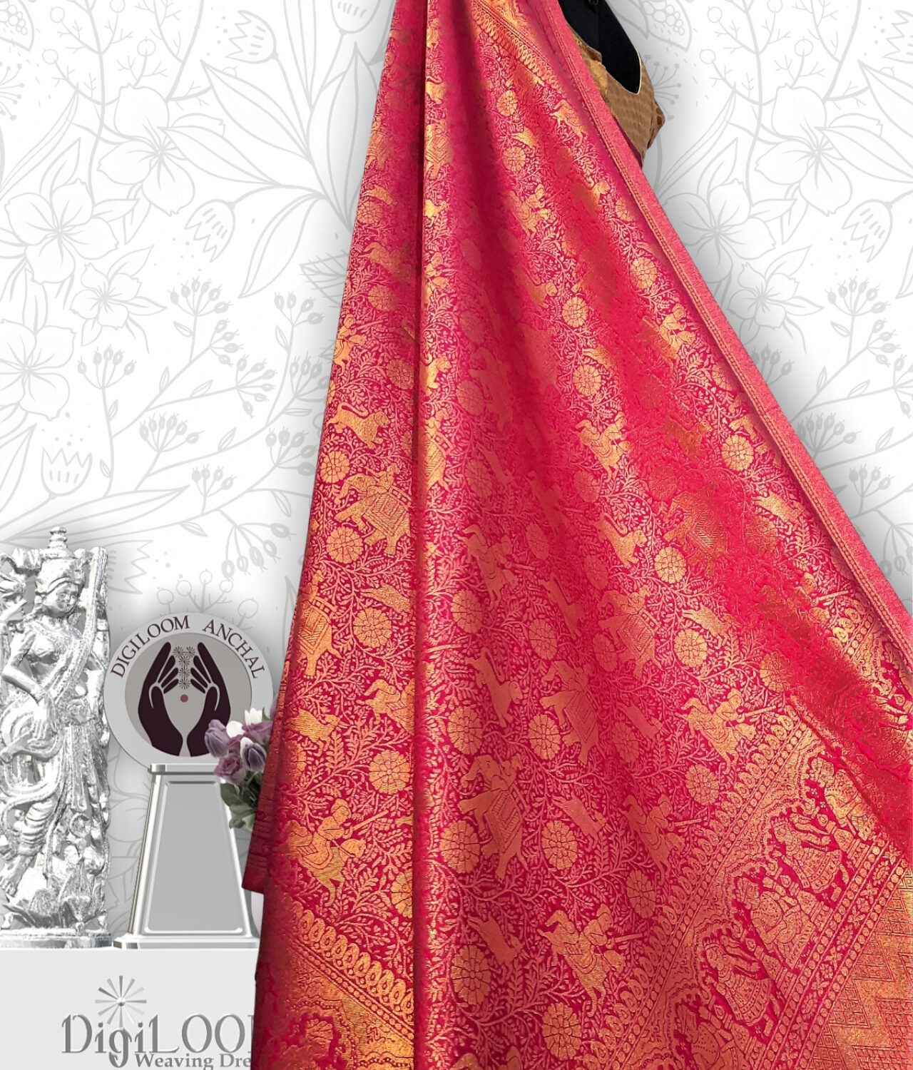 Shikargah Saree in Pure Handloom Malwari Silk in fuchsia pink colour 4