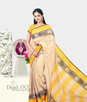 Digiloom Bengal Handloom Cotton Saree in Cream Colour with intricate fish motif 1