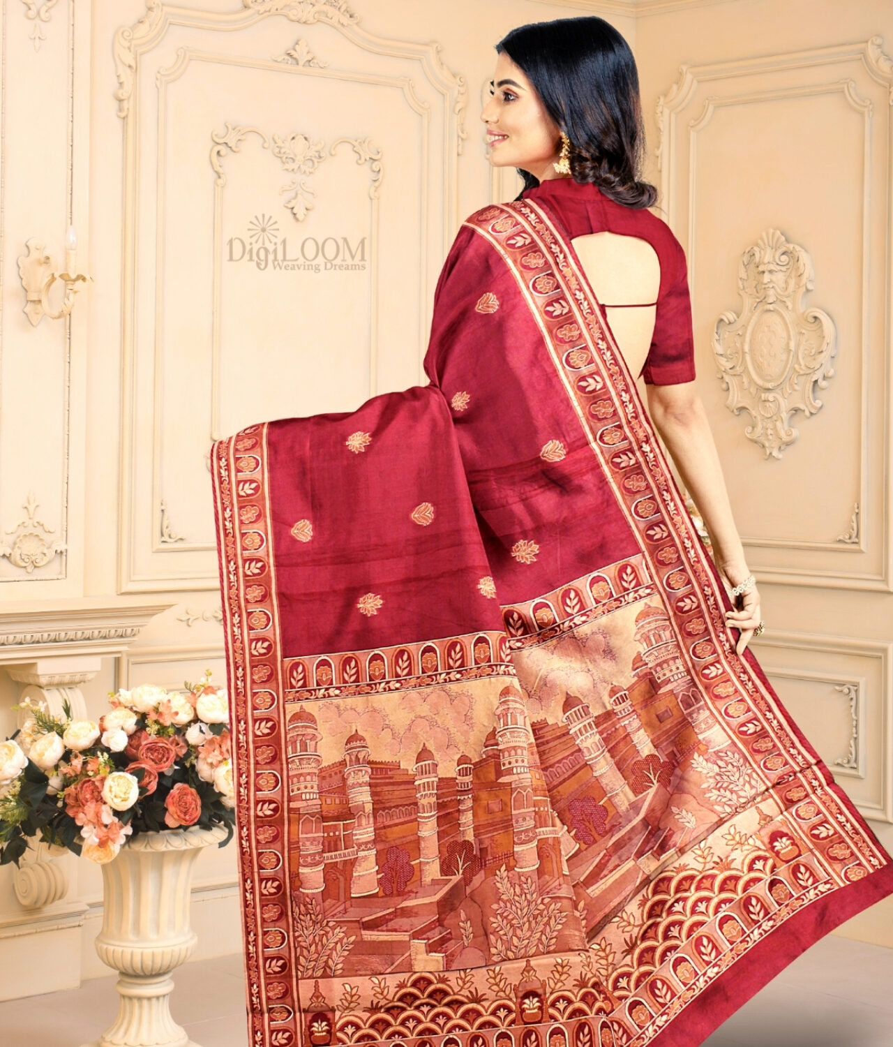 Handloom Malwari Silk Saree with Intricate Old Architecture Design Pallu 1
