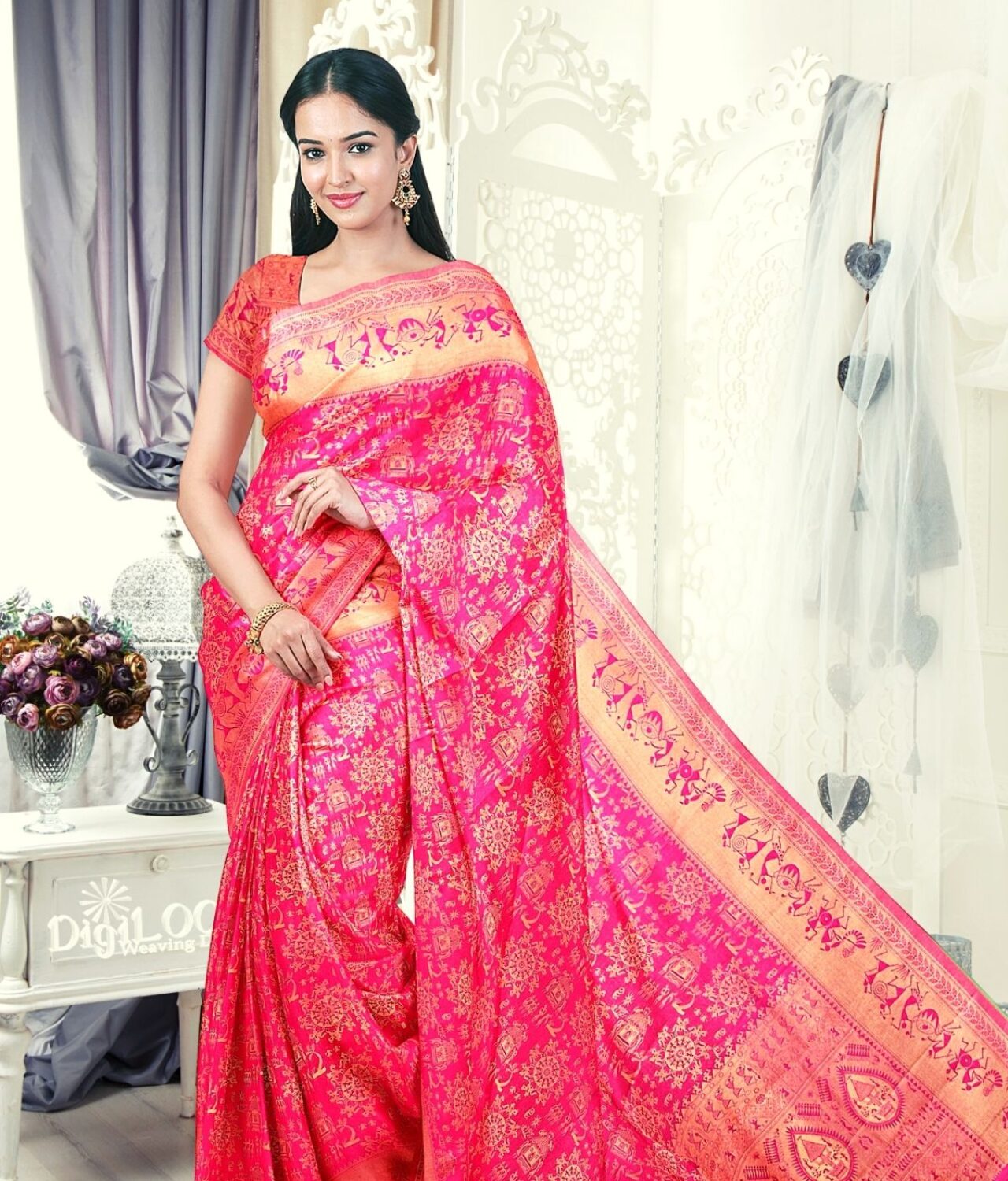 Handloom Malwari Silk in fuchsia pink colour with traditional tribal motifs 1