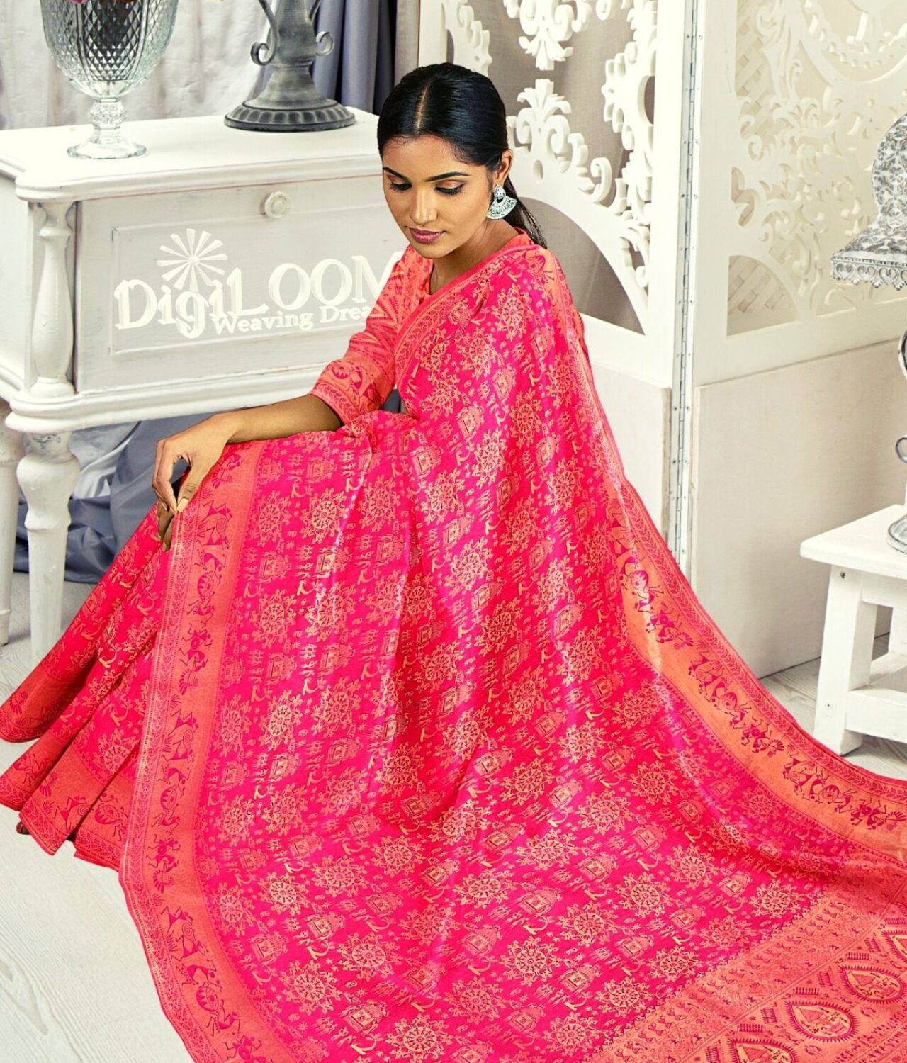 Handloom Malwari Silk in fuchsia pink colour with traditional tribal motifs 2