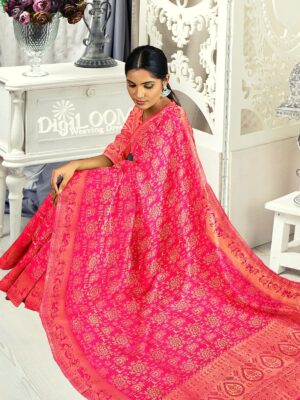 Handloom Malwari Silk in fuchsia pink colour with traditional tribal motifs 2