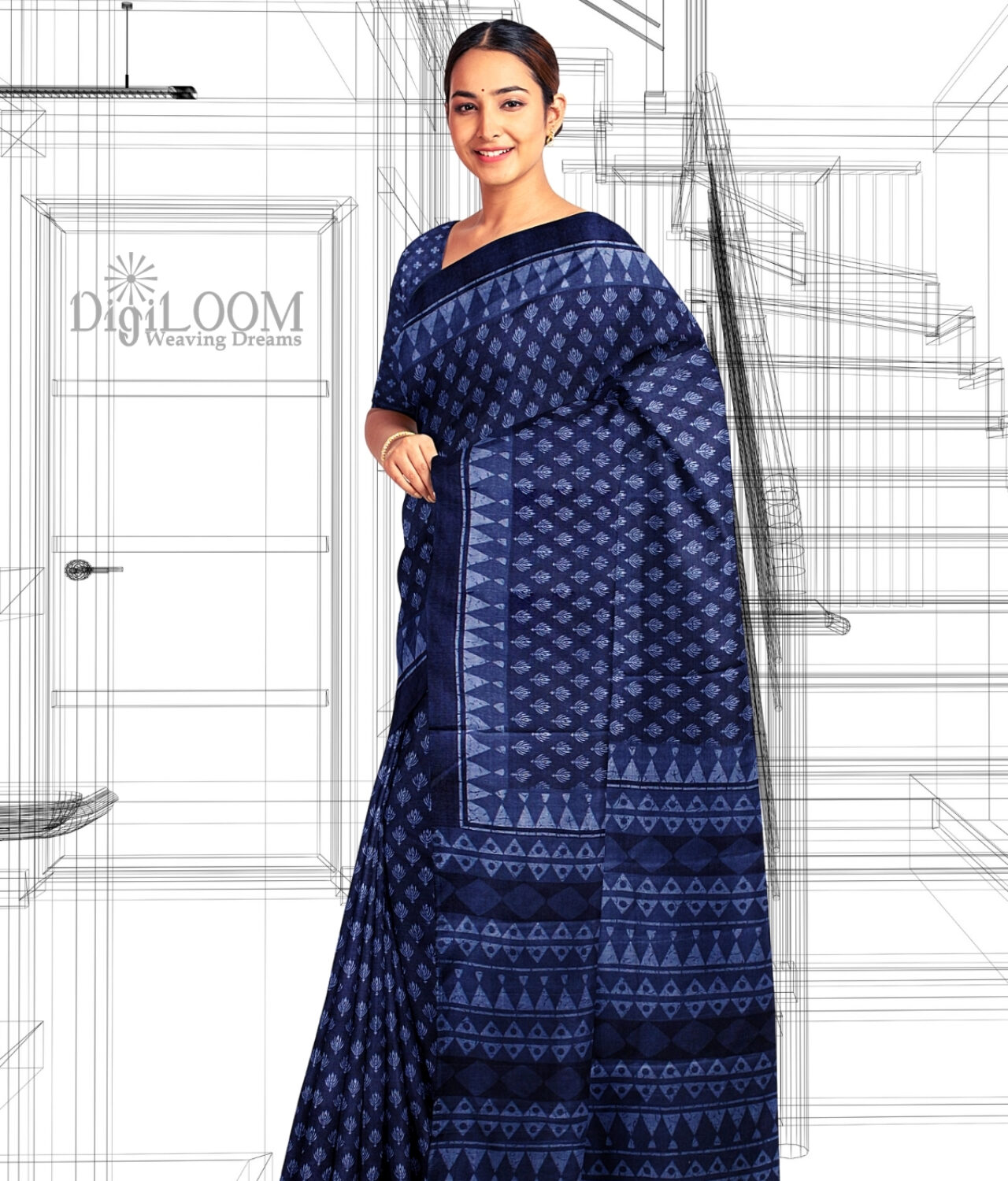 Handloom Moonga Mulberry Silk Saree in Indigo Blue with classic Indian motifs 1