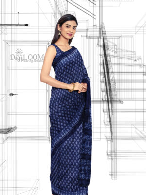 Handloom Moonga Mulberry Silk Saree in Indigo Blue with classic Indian motifs 2