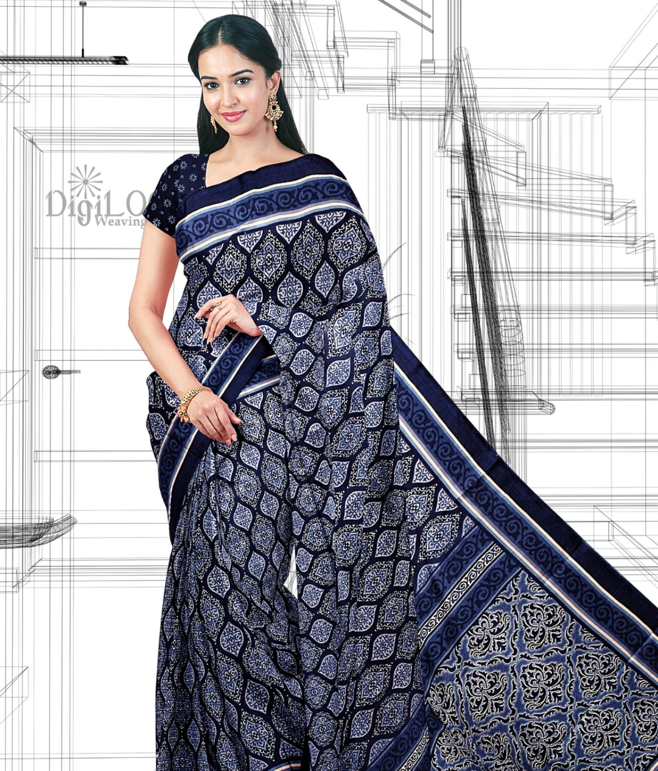 Handloom Moonga Mulberry Silk Saree in Indigo Colour with Traditional Motifs 7