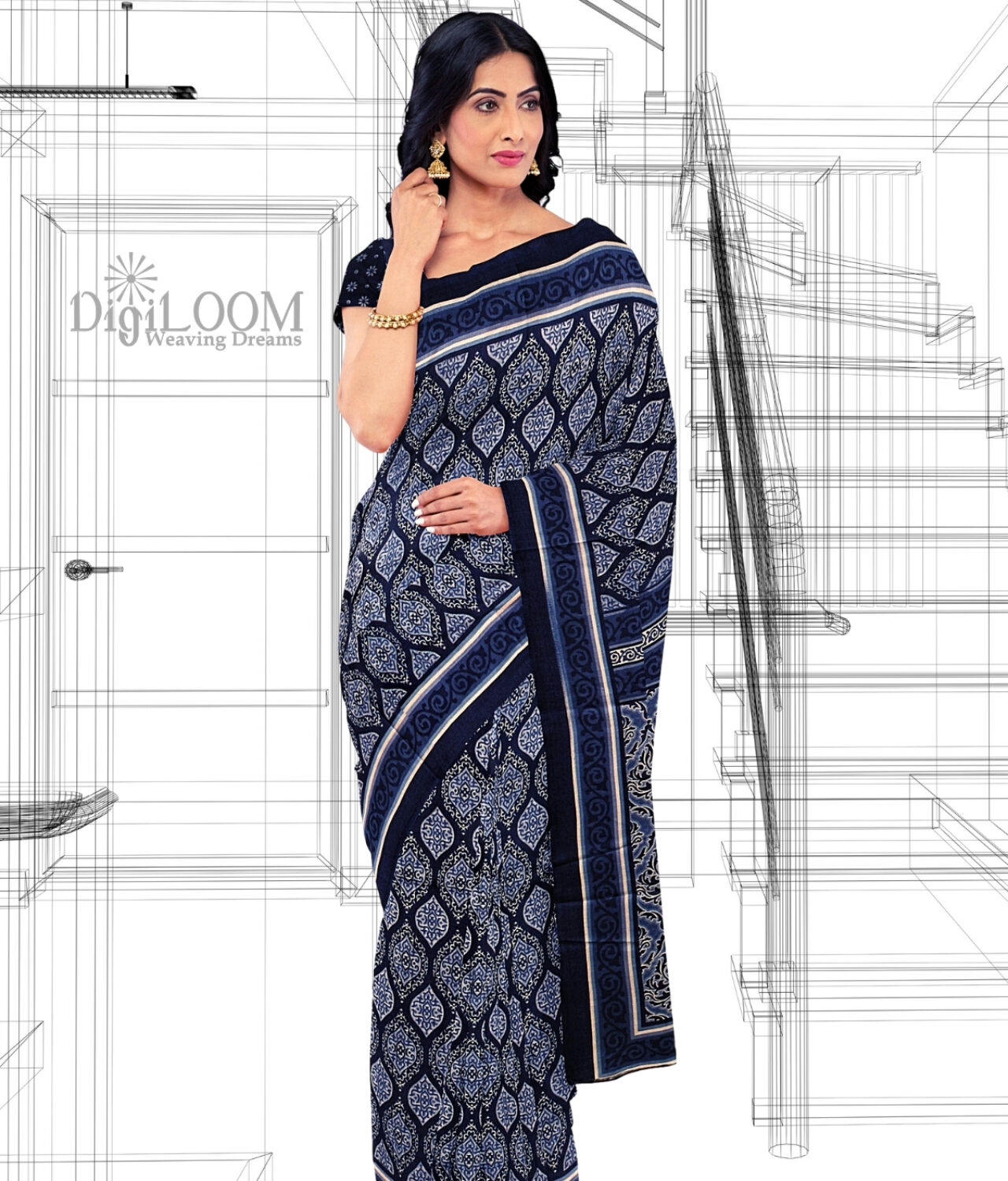 Handloom Moonga Mulberry Silk Saree in Indigo Colour with Traditional Motifs 8