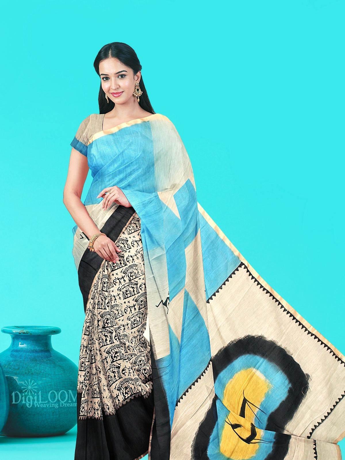 Handloom Moonga Cotton Saree with Hand Painted Pallu - Digiloom