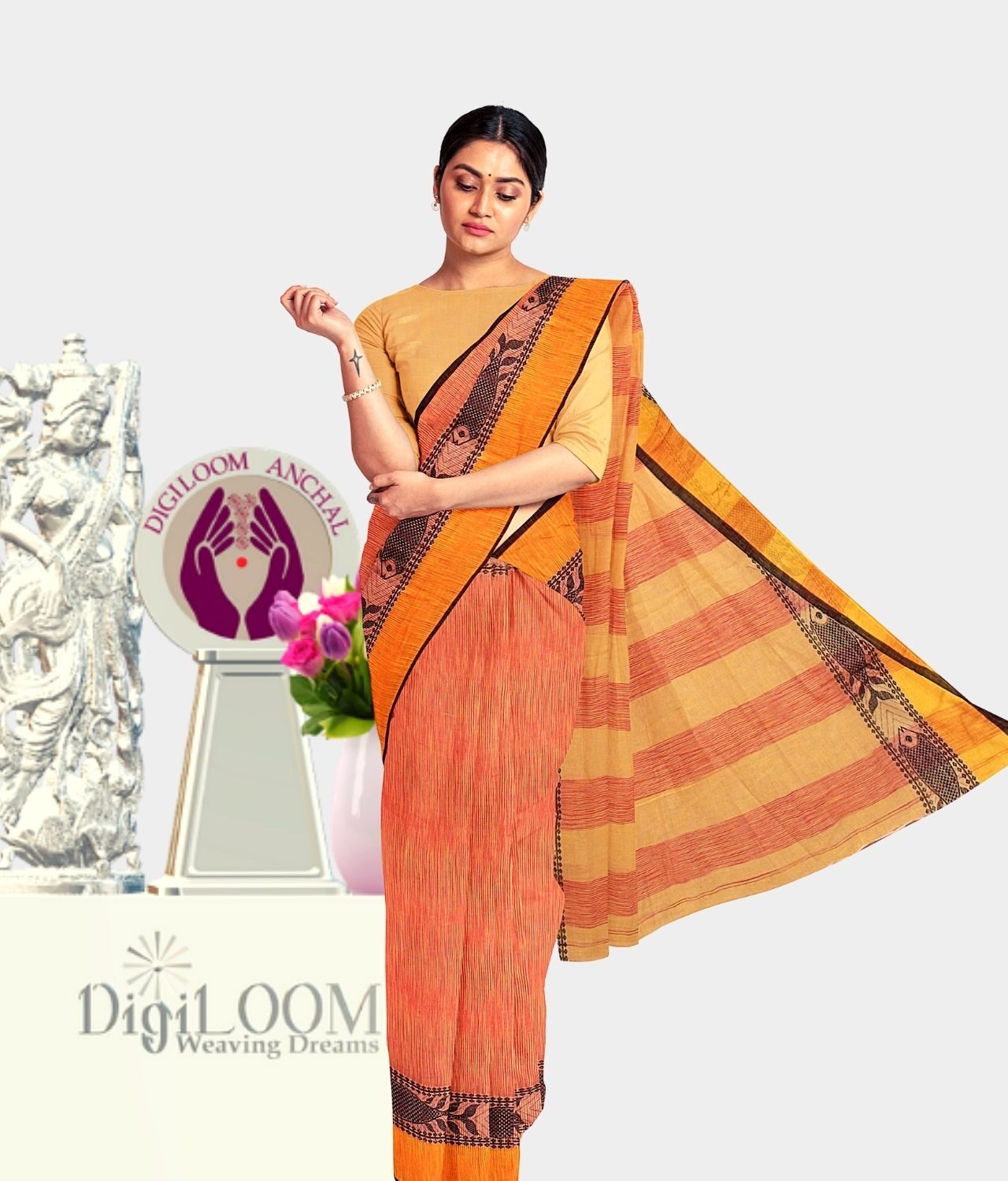 Orange coloured Bengal Handloom Cotton Saree with intricate fish motif 1