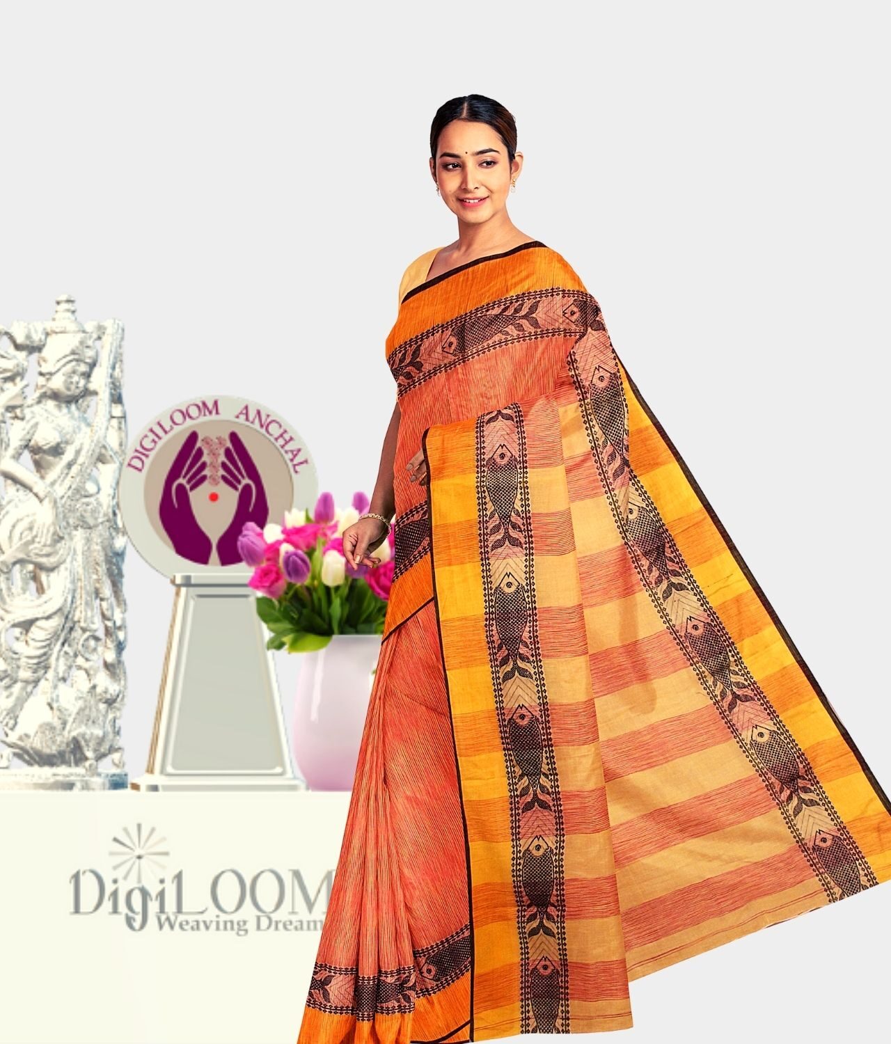Orange coloured Bengal Handloom Cotton Saree with intricate fish motif 2