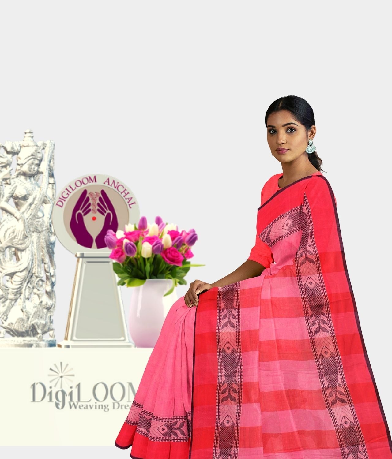 Pink Colour Bengal handloom Cotton Saree with intricate fish motif 4