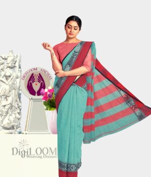 Turquoise Green Bengal Handloom Cotton Saree with intricate fish motif 3