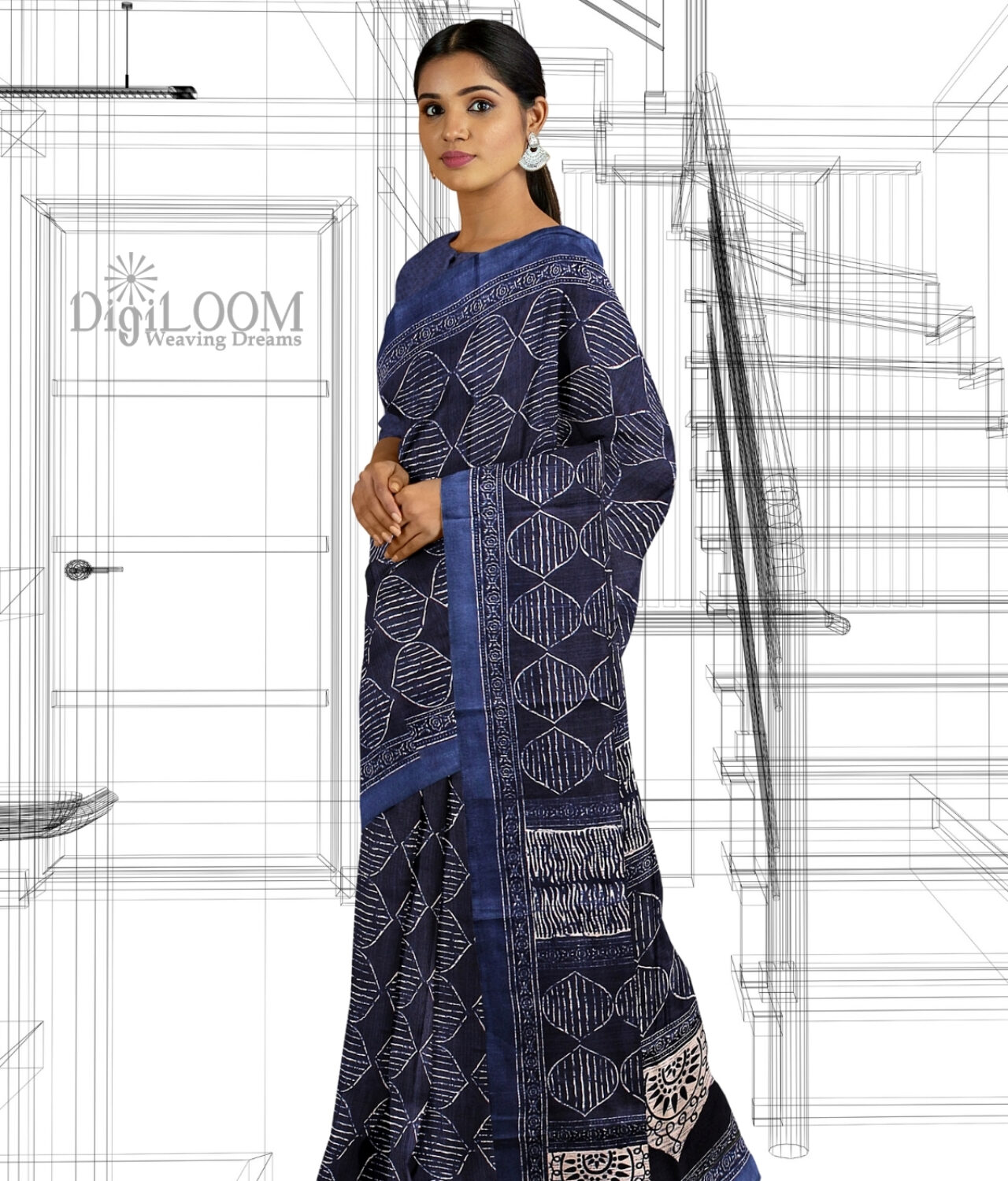 handloom Moonga Silk Saree in Indigo Colour with Digital Prints 2