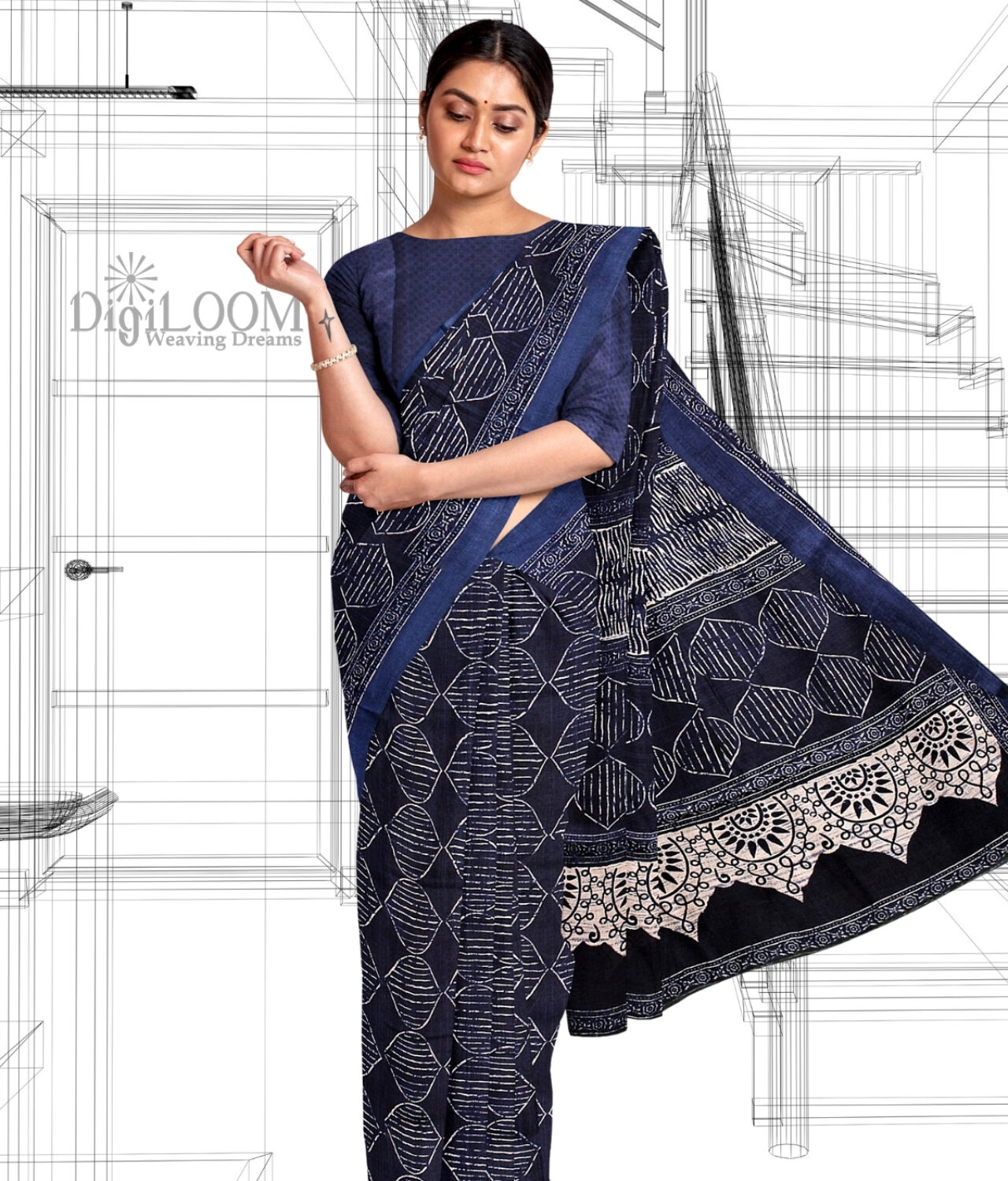 handloom Moonga Silk Saree in Indigo Colour with Digital Prints 3
